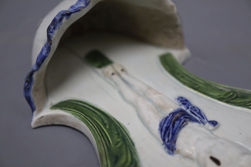 An early 19th century pearlware holy water scoop, length 24cm